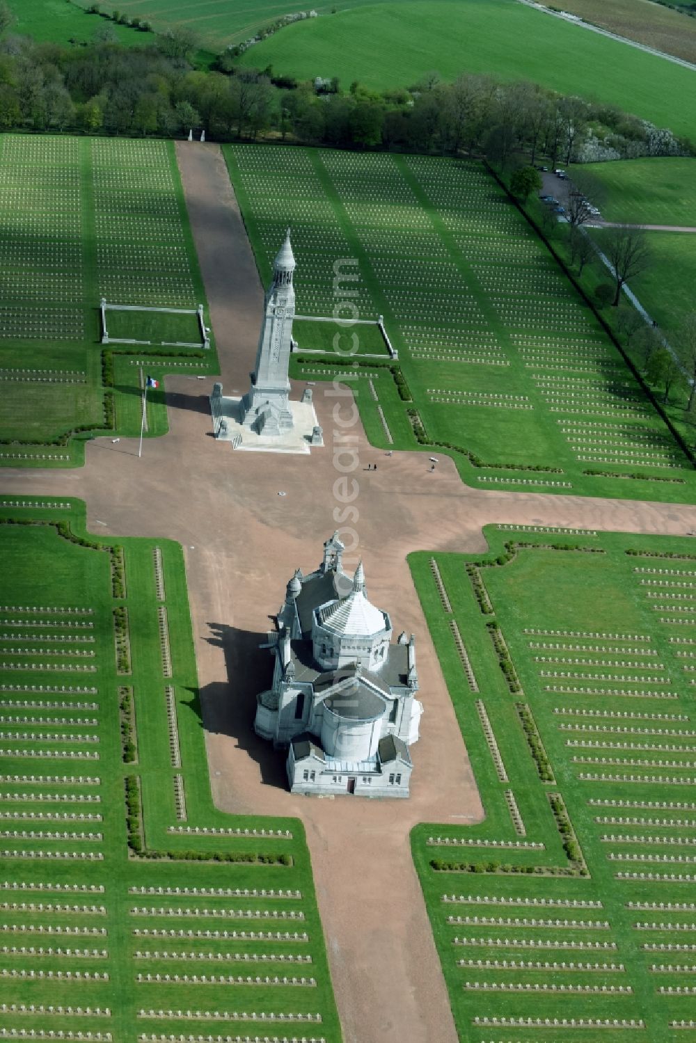 Ablain-Saint-Nazaire from above - Basilica church on the premises of the cemetery Notre Dame de Lorette in Ablain-Saint-Nazaire in Nord-Pas-de-Calais Picardy, France. The cemetery is the world's largest French military cemetery