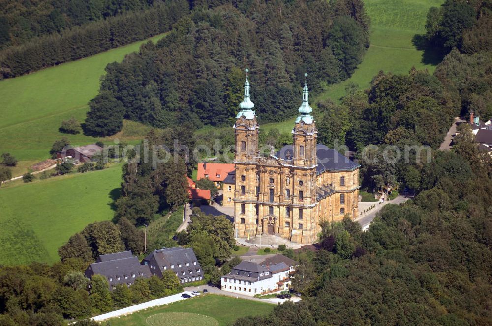 Bad Staffelstein from above - Die Basilika Vierzehnheiligen bei Bad Staffelstein ist eine der bekanntesten Wallfahrtskirchen in Oberfranken. Das nach Plänen von Balthasar Neumann gebaute Gotteshaus ist den heiligen Vierzehn Nothelfern geweiht. Ihre Erbauung war 1743–1772. Adresse: Franziskanerkloster, Vierzehnheiligen 2, 96231 Bad Staffelstein Tel.: 09571/95080