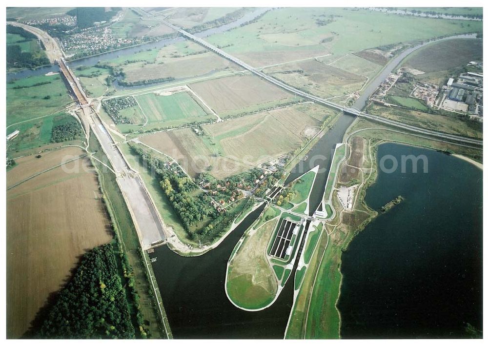 Aerial image Hohenwarthe - Bau des Anschlußbereiches zur Bücke des Elbe-Havel-Kanales über die Elbe am Wasserstraßenkreuz Magdeburg.