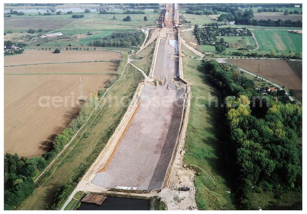 Hohenwarthe from above - Bau des Anschlußbereiches zur Bücke des Elbe-Havel-Kanales über die Elbe am Wasserstraßenkreuz Magdeburg.