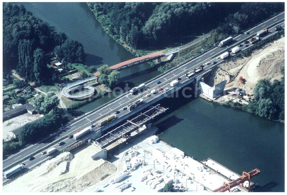 Königs Wusterhausen from above - Bau der Autobahnbrücke (A10) über die Dahme in Königs Wusterhausen - ein Projekt der SCHÄLERBAU BERLIN GmbH.