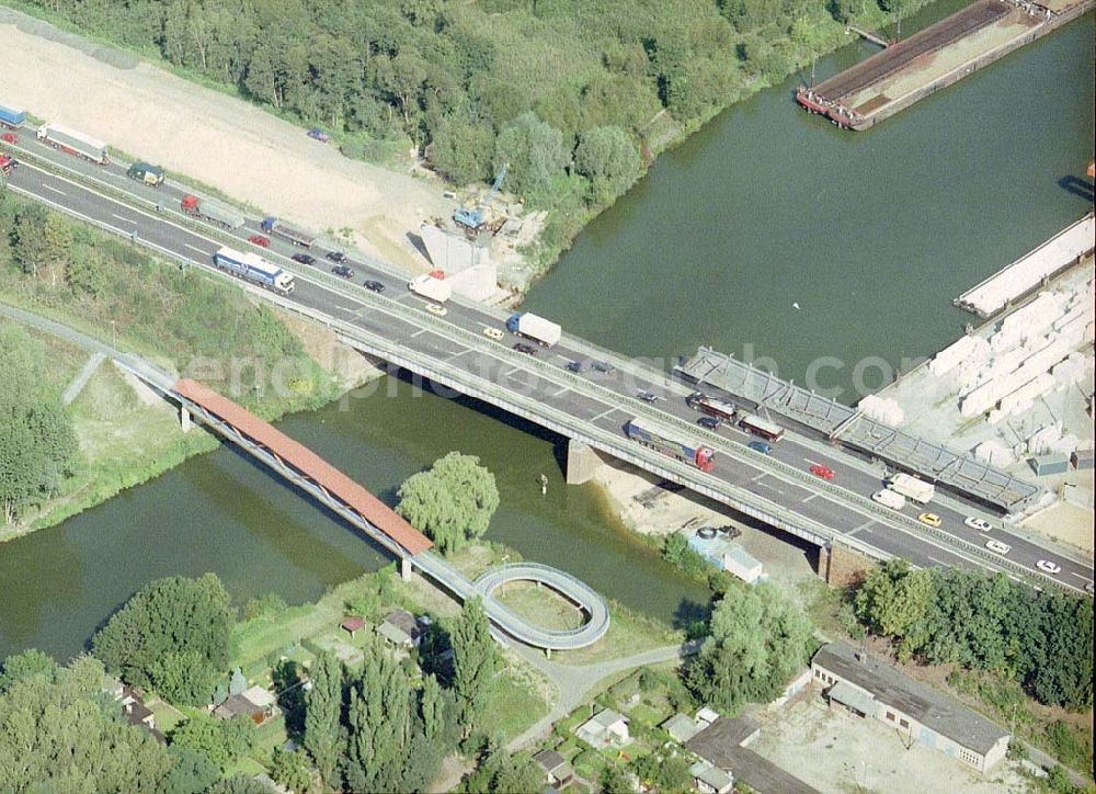 Königs Wusterhausen from above - Bau der Autobahnbrücke (A10) über die Dahme in Königs Wusterhausen - ein Projekt der SCHÄLERBAU BERLIN GmbH.