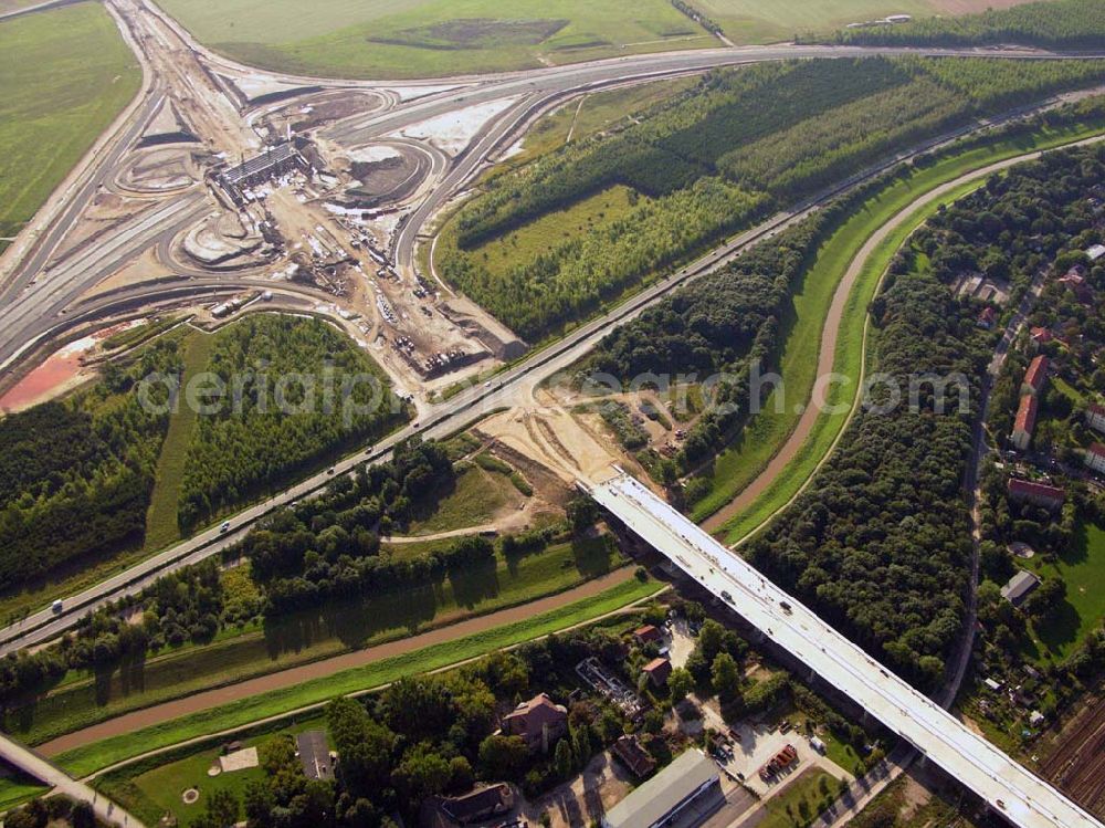 Böhlen from the bird's eye view: 27.08.2005 Böhlen; Bau eines Autobahnkreuzes auf der A14 bei Böhlen. Böhlen, unmittelbar in der Nähe der Großstadt Leipzig gelegen, ist eine liebenswerte Kleinstadt.