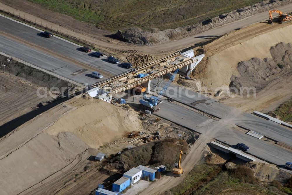 Trebbin from the bird's eye view: Bau von Brückensegmenten an der Ortsumgehung Trebbin-Süd durch die SCHÄLERBAU BERLIN GmbH - Freiheit 10, 13597 Berlin - Tel.: 030-35 187 03 Fax: 35 187 398 - Mail: info@schaelerbau.de