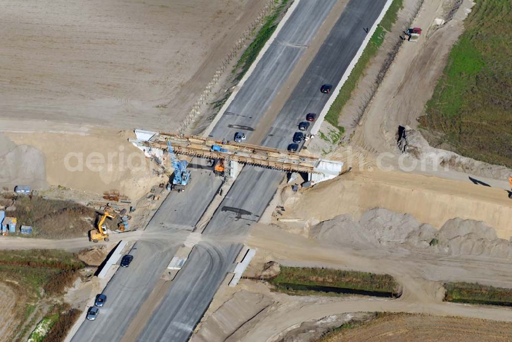 Trebbin from the bird's eye view: Bau von Brückensegmenten an der Ortsumgehung Trebbin-Süd durch die SCHÄLERBAU BERLIN GmbH - Freiheit 10, 13597 Berlin - Tel.: 030-35 187 03 Fax: 35 187 398 - Mail: info@schaelerbau.de