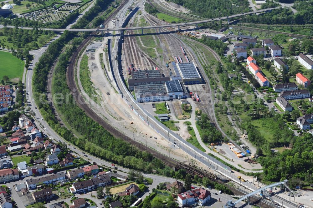 Weil am Rhein from above - Construction and maintenance work on the railway track in the German railway for the four-lane expansion in Weil am Rhein in the state Baden-Wurttemberg, Germany