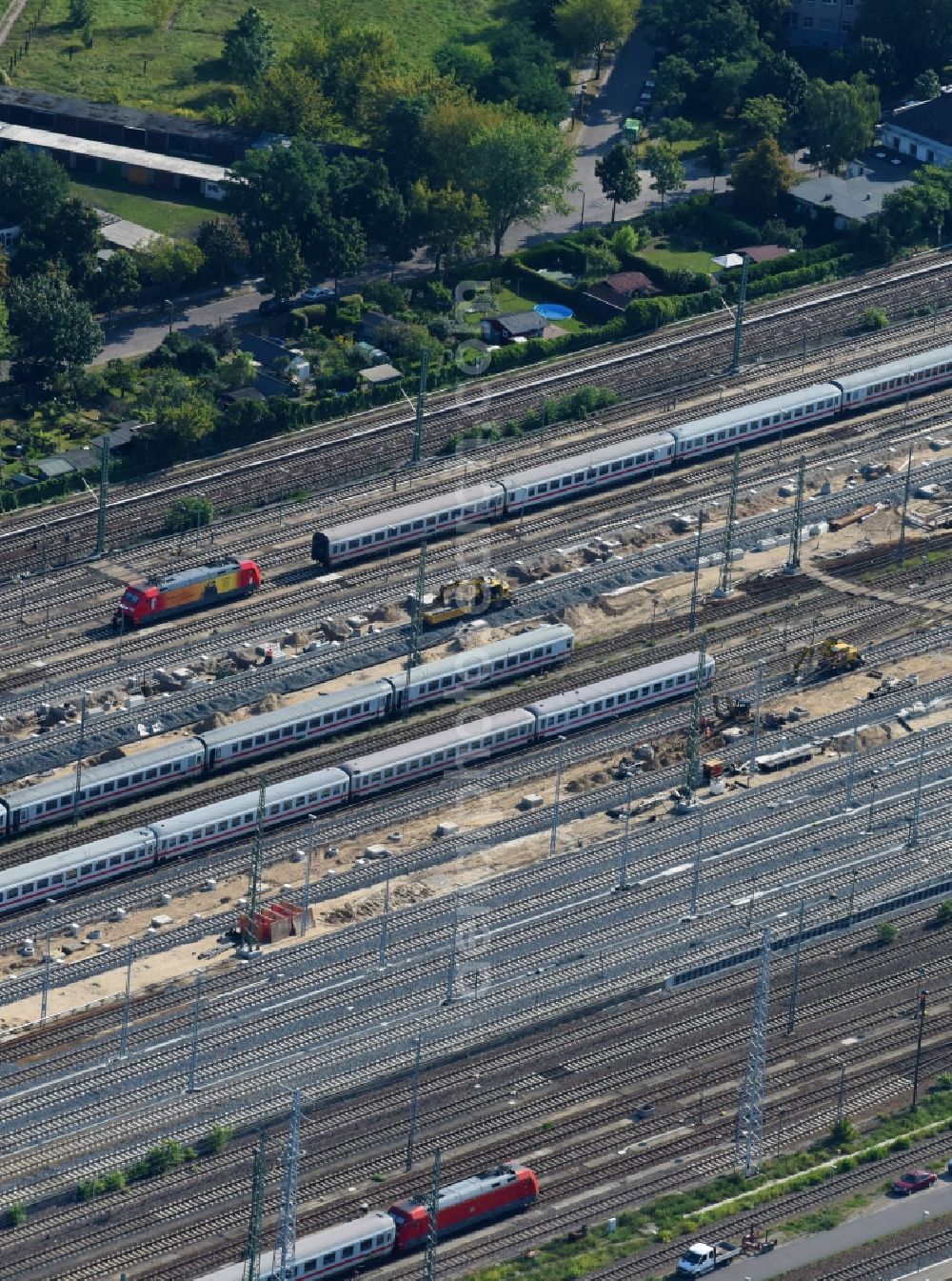 Berlin from above - Construction and maintenance work on the railway track in the German railway on Betriebsbahnhof Rummelsburg in Berlin, Germany