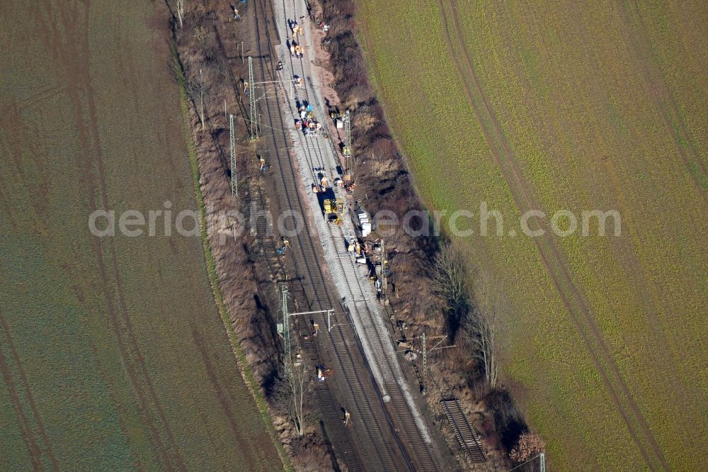 Aerial image Friedland - Construction and maintenance work on the railway track in the German railway in the district Gross Schneen in Friedland in the state Lower Saxony