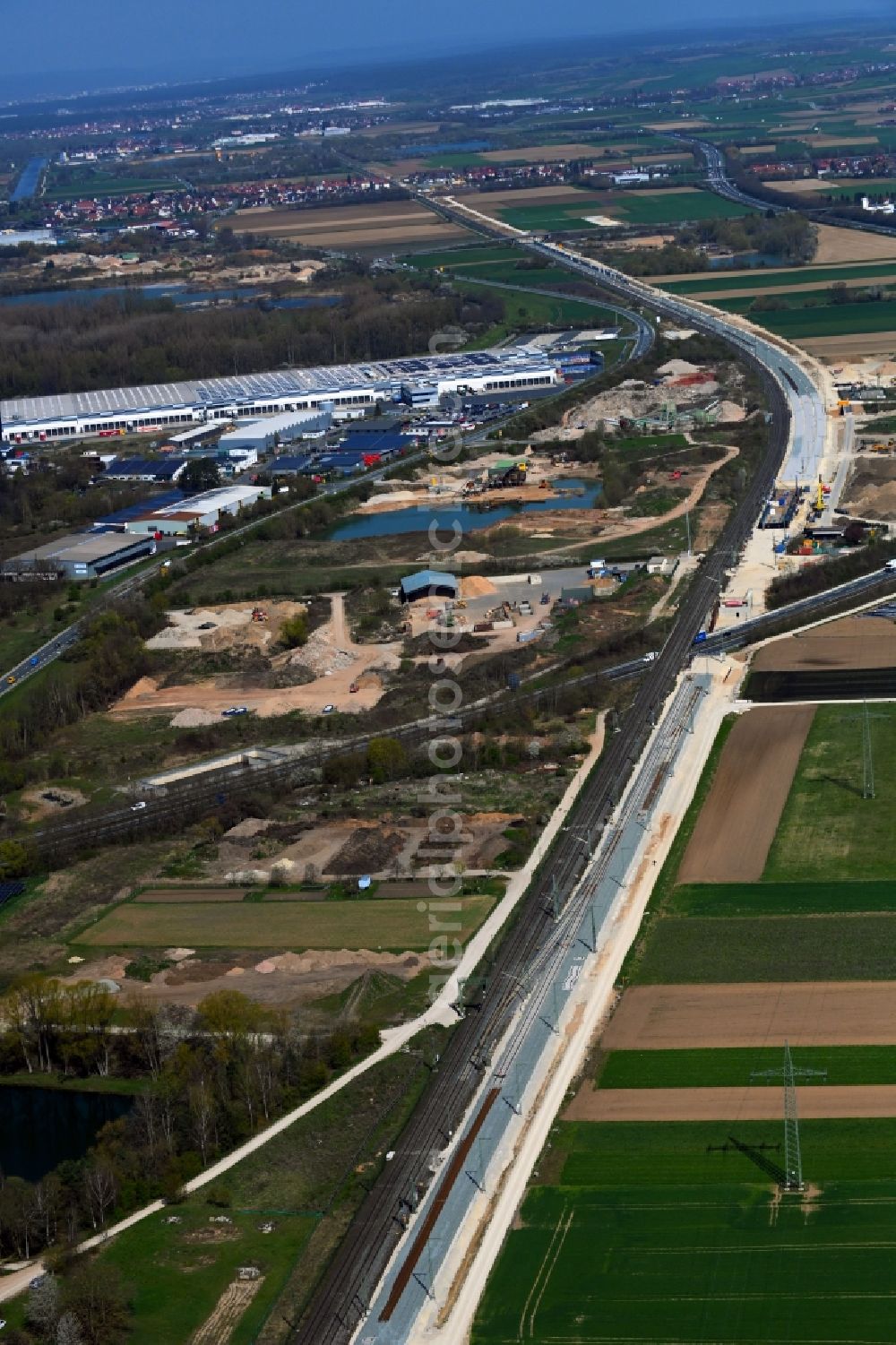 Eggolsheim from above - Construction and maintenance work on the railway track in the German railway with four-track expansion in Eggolsheim in the state Bavaria, Germany