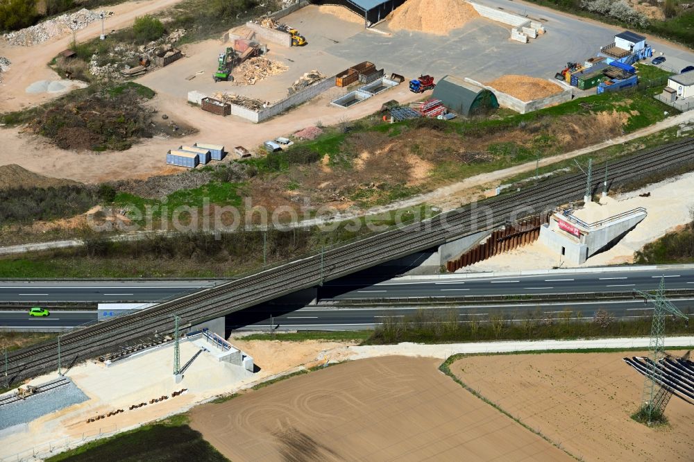 Aerial photograph Eggolsheim - Construction and maintenance work on the railway track in the German railway with four-track expansion in Eggolsheim in the state Bavaria, Germany