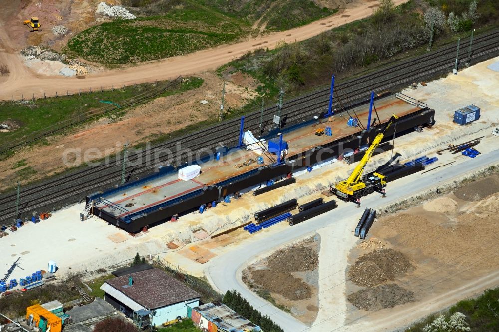 Eggolsheim from above - Construction and maintenance work on the railway track in the German railway with four-track expansion in Eggolsheim in the state Bavaria, Germany