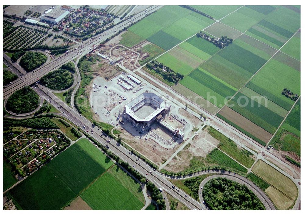 Mannheim from the bird's eye view: 27.05.04 Mannheim, Blick auf die Baustelle der Mannheim Arena am Flughafen Mannheim. MANNHEIM ARENA®,Besitzgesellschaft mbH & Co. KG | Verwaltungsstelle Bergheimerstraße 89/1; 69115 Heidelberg,Tel.: +49 (0) 62 21 - 4 32 06 - 0,Fax: +49 (0) 62 21 - 4 32 06 - 32,E-Mail: info@mannheim-arena.de, Ansprechpartner Matthias Fries, Die neue Mannheimer Arena trägt künftig den Namen „SAP-Arena“. Einen entsprechenden Vertrag mit zehnjähriger Laufzeit unterzeichneten die „Arena Mannheim Besitzgesellschaft mbH“