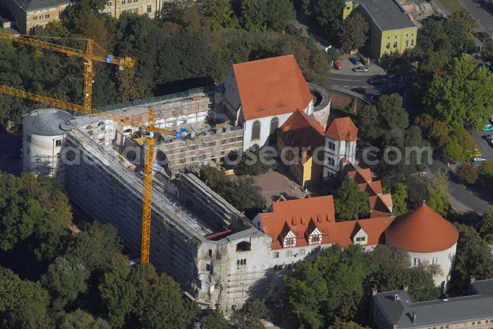 Aerial image Halle - Blick auf Schloss Moritzburg am Schlossberg in Halle, das zur Zeit restauriert wird (Kontakt Stiftung Moritzburg: Friedemann-Bach-Platz 5, D-06108 Halle (Saale), Telefon: 0345-21259-0, Telefax: 0345-2029990, poststelle@moritzburg.lsa-net.de)