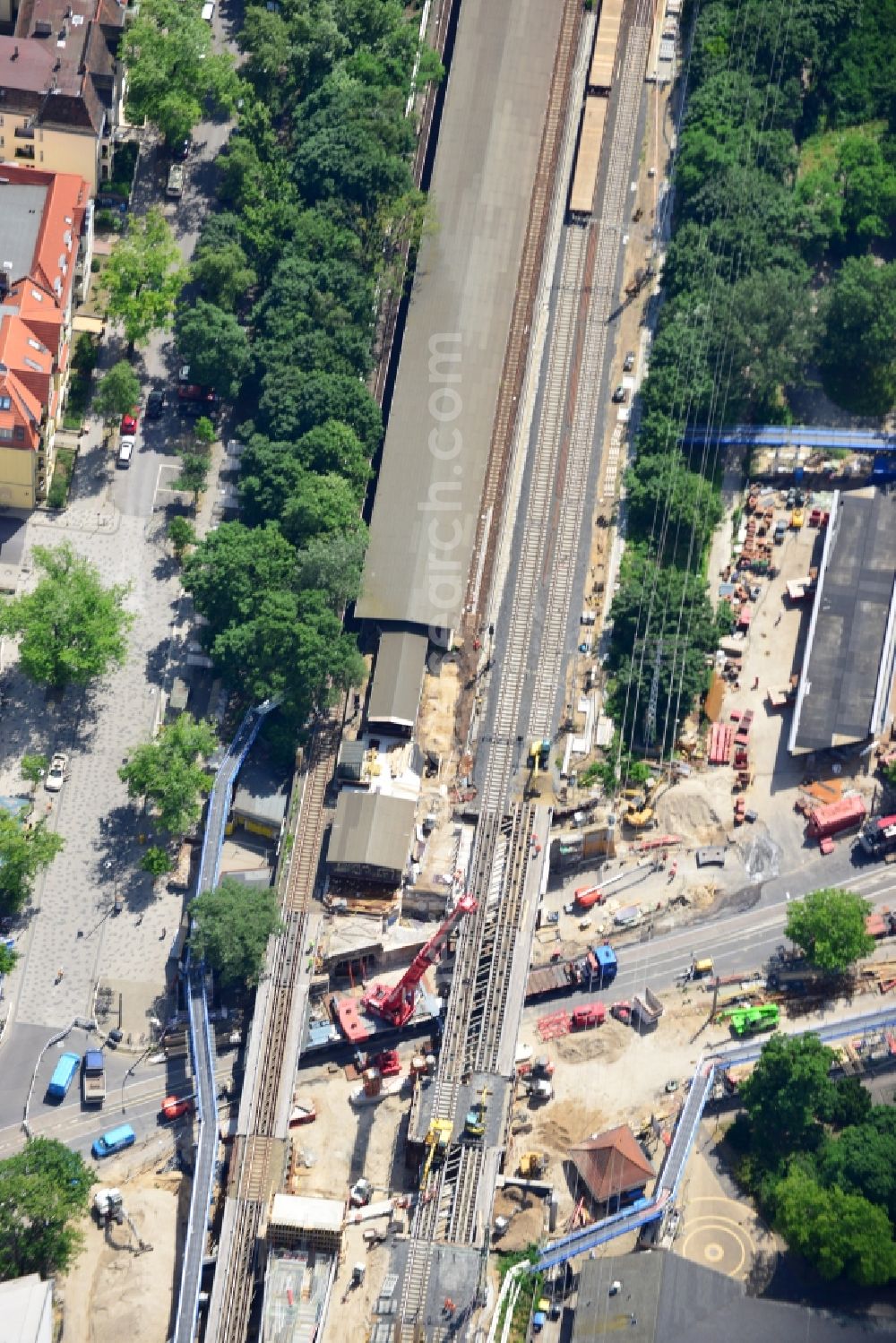 Aerial photograph Berlin - Construction of new railway bridge over the Treskowallee at Berlin- Karlshorst