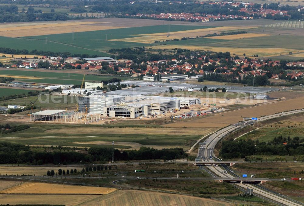 Erfurt from the bird's eye view: Construction site of the logistics center of the book wholesaler KNV on the motorway in Erfurt in Thuringia