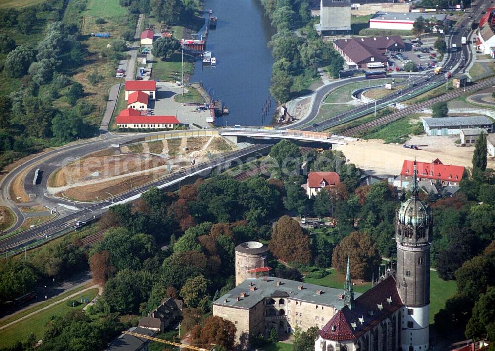 Wittenberg (Sachsen-Anhalt) from above - Bau der Ortsumgehungsstraße B2 / B 187 südöstlich in Wittenberg an der Elbe. Projektsteuerung: Schüßler-Plan Ingenieurgesellschaft für Bau- und Verkehrswegeplanung mbH.