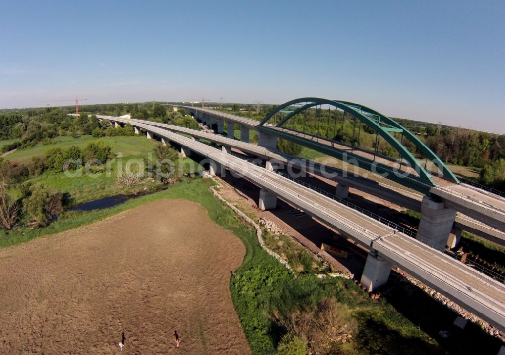 Rattmannsdorf from above - Construction site of the Saale-Elster-Talbrücke in Saxony-Anhalt. Its going to be the longest bridge in Germany. It is constructed by Hochtief Construction AG, Adam Hörnig, Gerdum und Breuer; Franki Grundbau; Doka Schalungstechniker; BBV Vorspanntechnik; Röro Traggerüstsysteme; Oevermann Hoch- und Tiefbau, Teupe & Söhne Gerüstbau GmbH, Kann Baustoffe und Arcelormittal