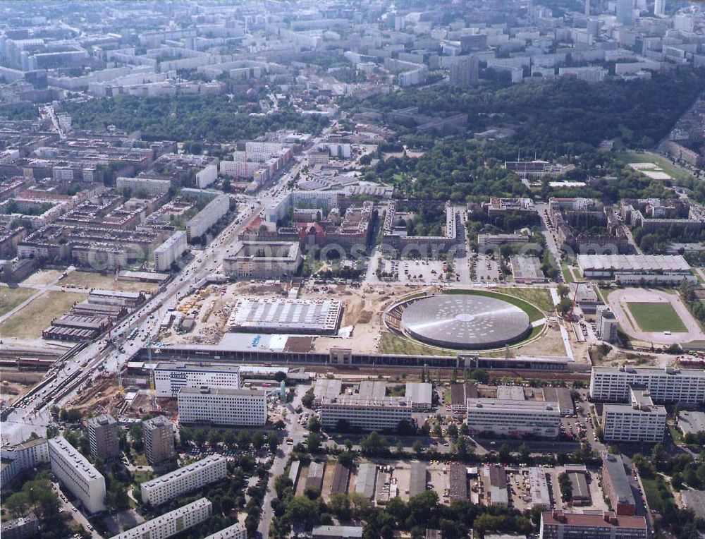 Berlin-Friedrichshain from above - Bau des Sportkomplexes an der Landsberger Allee durch die OSB-Sportstättenbau GmbH