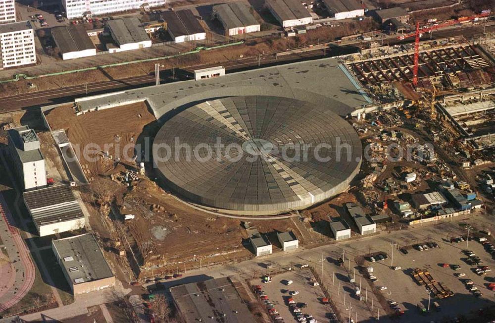 Berlin - Friedrichshain from the bird's eye view: Bau des Sportkomplexes an der Landsberger Allee im Stadtbezirk Berlin-Friedrichshain durch die OSB-Sportstätten GmbH