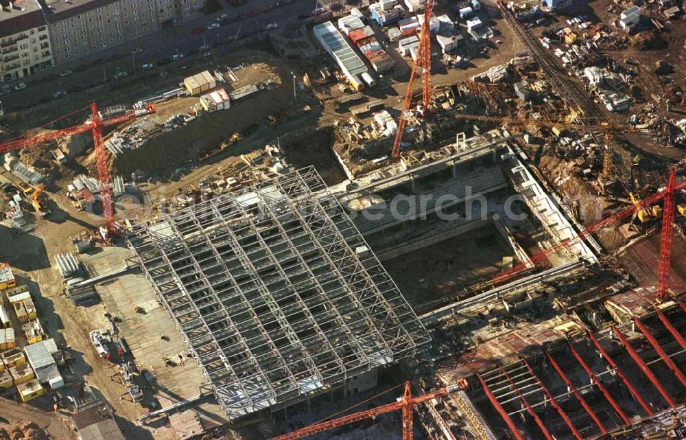 Berlin - Friedrichshain from the bird's eye view: Bau des Sportkomplexes an der Landsberger Allee im Stadtbezirk Berlin-Friedrichshain durch die OSB-Sportstätten GmbH