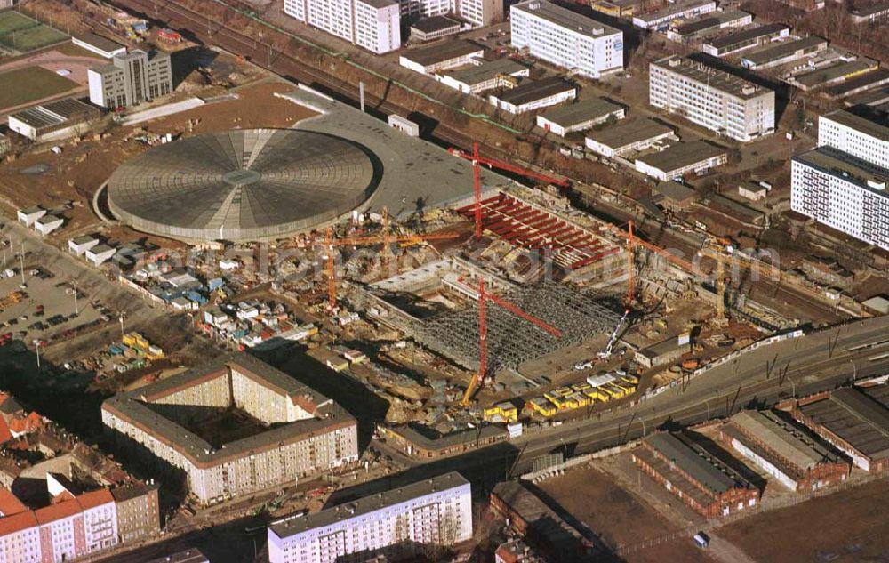 Aerial photograph Berlin - Friedrichshain - Bau des Sportkomplexes an der Landsberger Allee im Stadtbezirk Berlin-Friedrichshain durch die OSB-Sportstätten GmbH