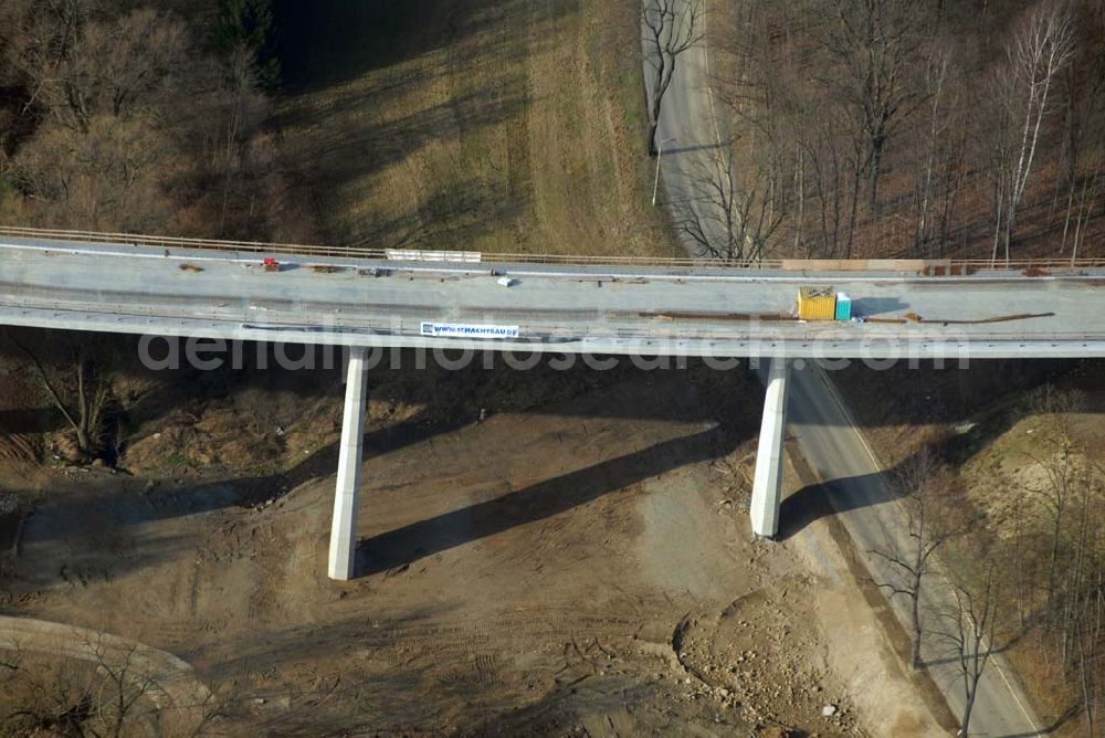 Reichenbach / Vogtland from the bird's eye view: Bau des Viaduktes der Ortsumgehung A72 in Reichenbach durch die Schachtbau Nordhausen GmbH,Industrieweg 2a,99734 Nordhausen,Telefon: 0 36 31 / 632-0 Telefax: 0 36 31/ 632-334 e-mail: brueckenbau@schachtbau.de Herr Döring 0151 15122331