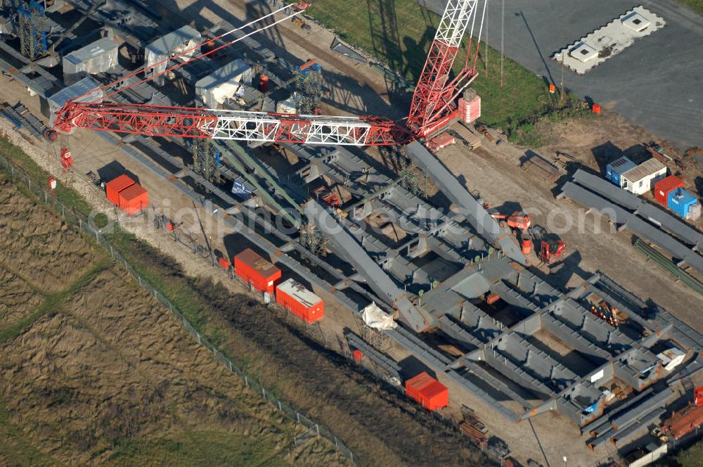 Aerial photograph Dresden - Blick auf die im Bau befindliche Waldschlösschenbrücke in Dresden mit den Stahlträgern der belgischen Firma Victor Buyck Steel Constructions, Tel.: +49 - 561 25666,