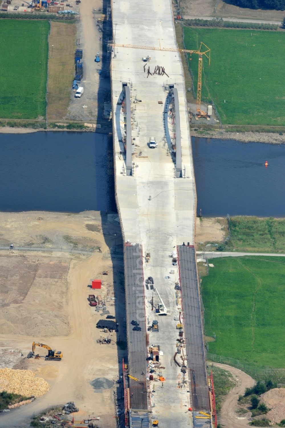 Dresden from above - View the construction site of Waldschlösschen bridge over the Elbe in Dresden / Saxony