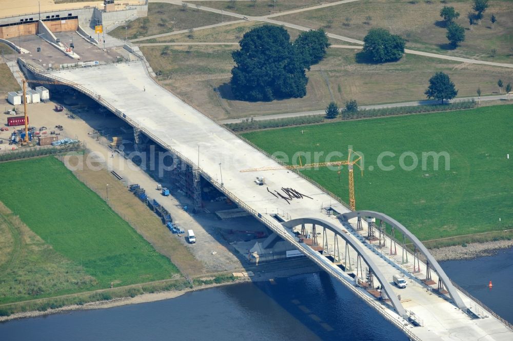 Aerial photograph Dresden - View the construction site of Waldschlösschen bridge over the Elbe in Dresden / Saxony