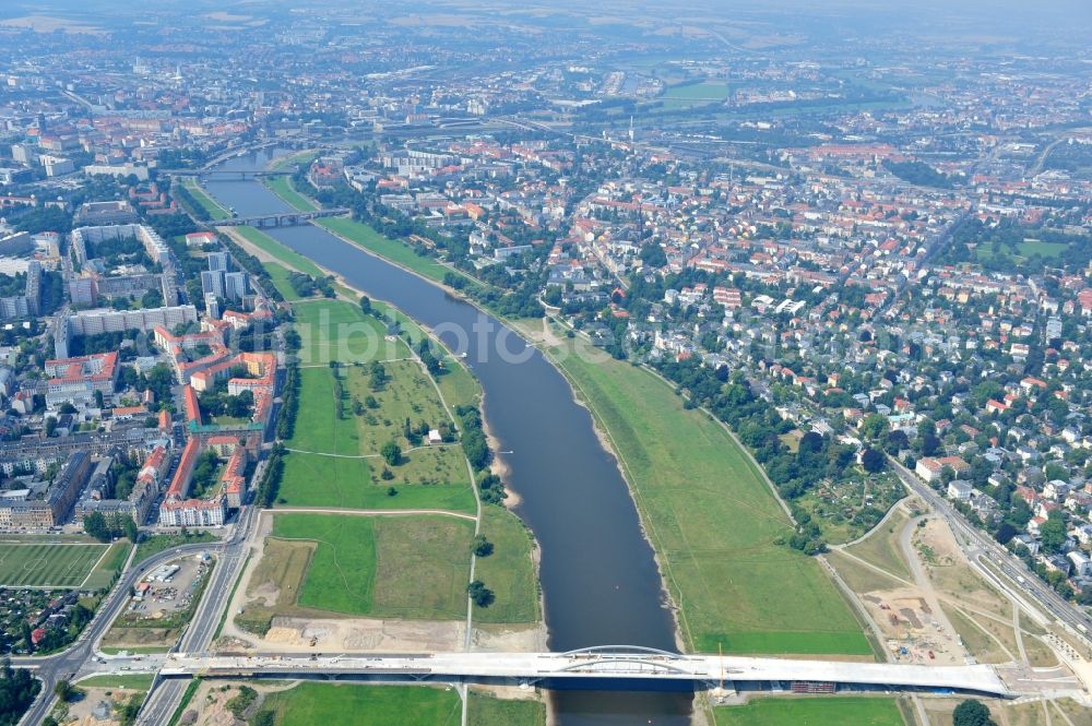 Aerial photograph Dresden - View the construction site of Waldschlösschen bridge over the Elbe in Dresden / Saxony