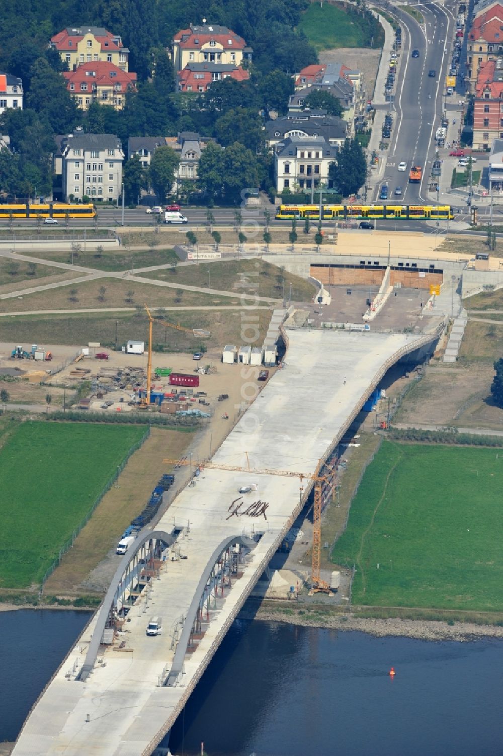 Dresden from above - View the construction site of Waldschlösschen bridge over the Elbe in Dresden / Saxony