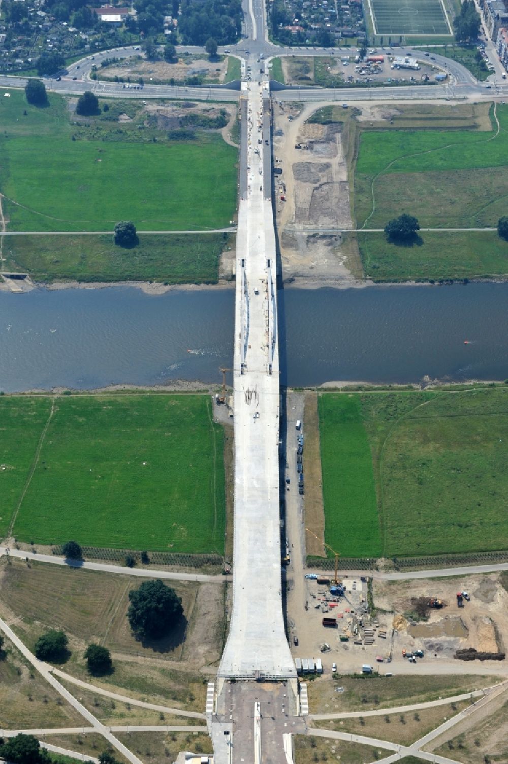 Dresden from above - View the construction site of Waldschlösschen bridge over the Elbe in Dresden / Saxony