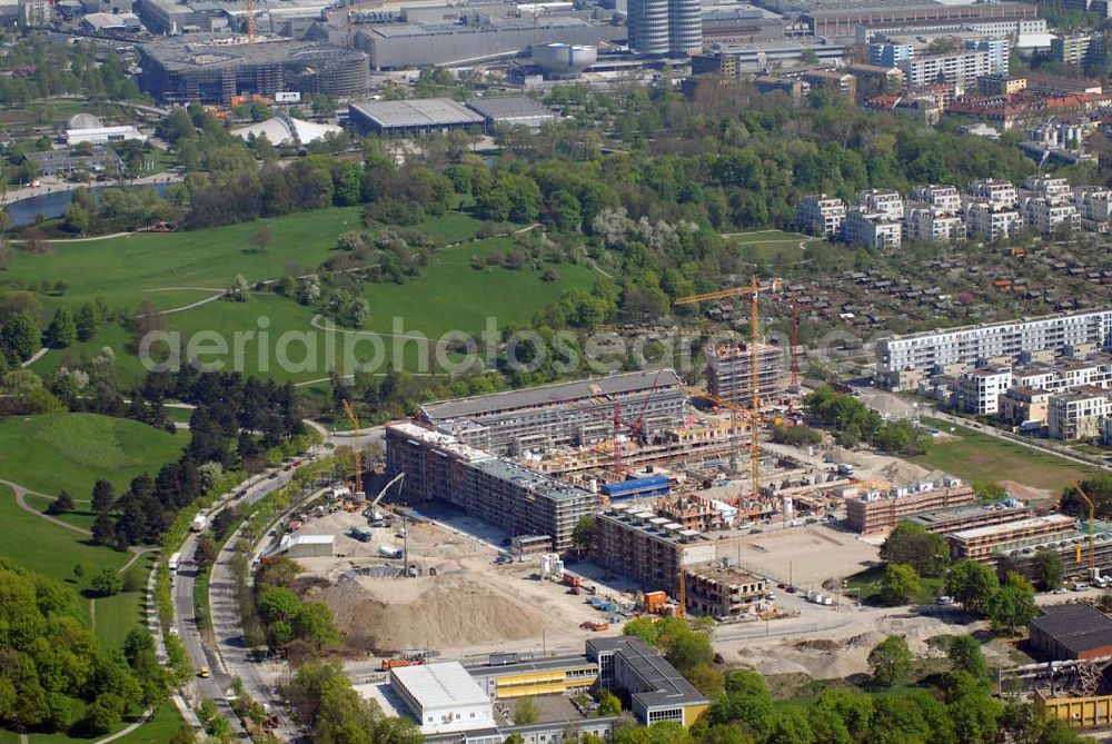 Aerial photograph München - 04.05.2006 München (Bayern) Blick auf das Baugelände des Wohngebietes Ackermannstraße (Ackermannbogen)am Olympiapark in München von der CONCEPTBAU MÜNCHEN.