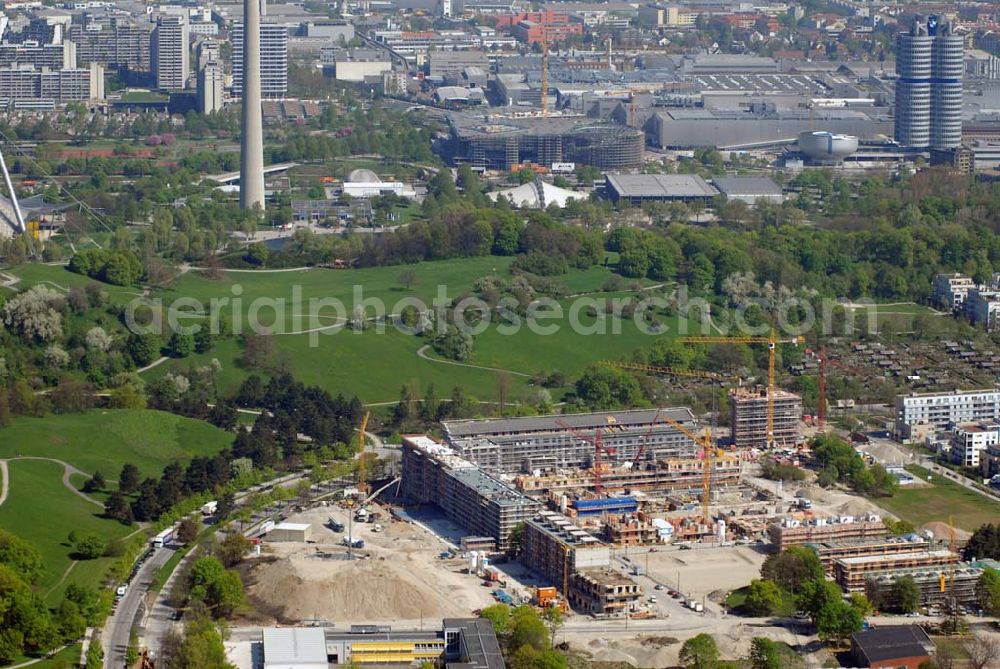 München from above - 04.05.2006 München (Bayern) Blick auf das Baugelände des Wohngebietes Ackermannstraße (Ackermannbogen)am Olympiapark in München von der CONCEPTBAU MÜNCHEN.