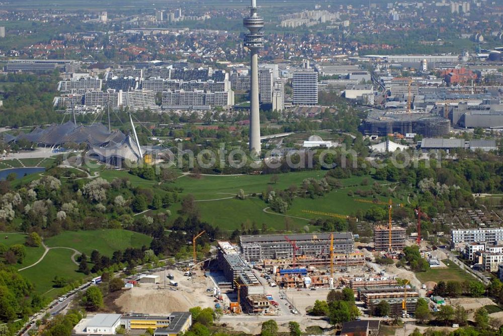 Aerial image München - 04.05.2006 München (Bayern) Blick auf das Baugelände des Wohngebietes Ackermannstraße (Ackermannbogen)am Olympiapark in München von der CONCEPTBAU MÜNCHEN.