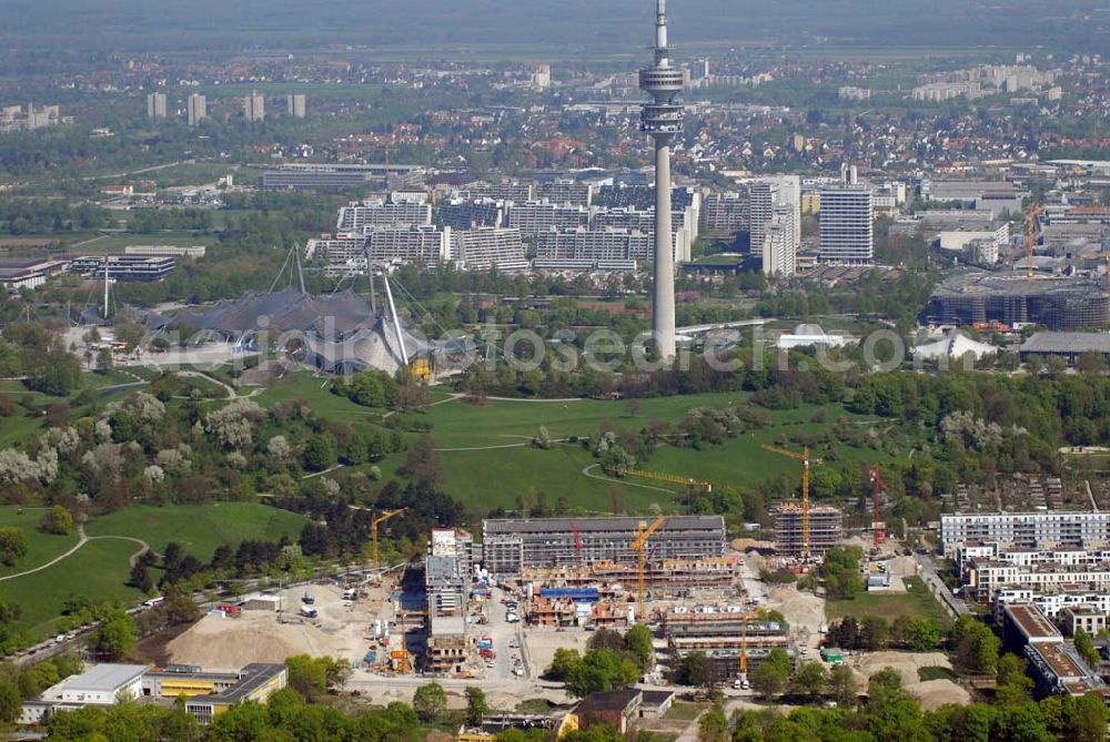 Aerial photograph München - 04.05.2006 München (Bayern) Blick auf das Baugelände des Wohngebietes Ackermannstraße (Ackermannbogen)am Olympiapark in München von der CONCEPTBAU MÜNCHEN.