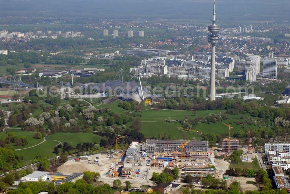 München from above - 04.05.2006 München (Bayern) Blick auf das Baugelände des Wohngebietes Ackermannstraße (Ackermannbogen)am Olympiapark in München von der CONCEPTBAU MÜNCHEN.