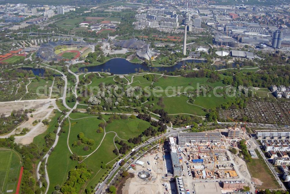 Aerial photograph München - 04.05.2006 München (Bayern) Blick auf das Baugelände des Wohngebietes Ackermannstraße (Ackermannbogen)am Olympiapark in München von der CONCEPTBAU MÜNCHEN.