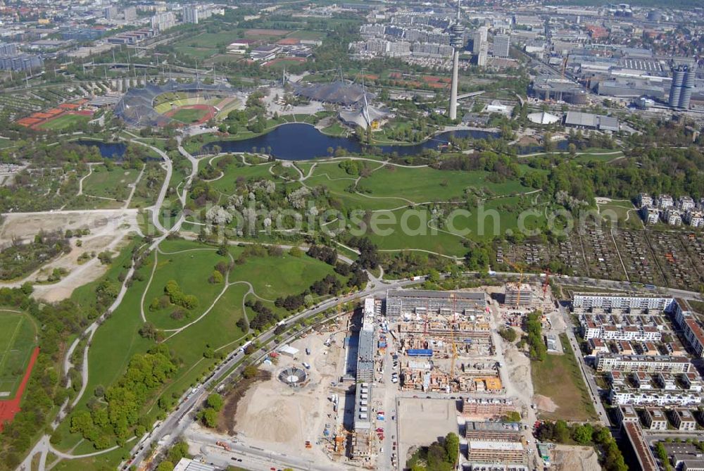 München from above - 04.05.2006 München (Bayern) Blick auf das Baugelände des Wohngebietes Ackermannstraße (Ackermannbogen)am Olympiapark in München von der CONCEPTBAU MÜNCHEN.