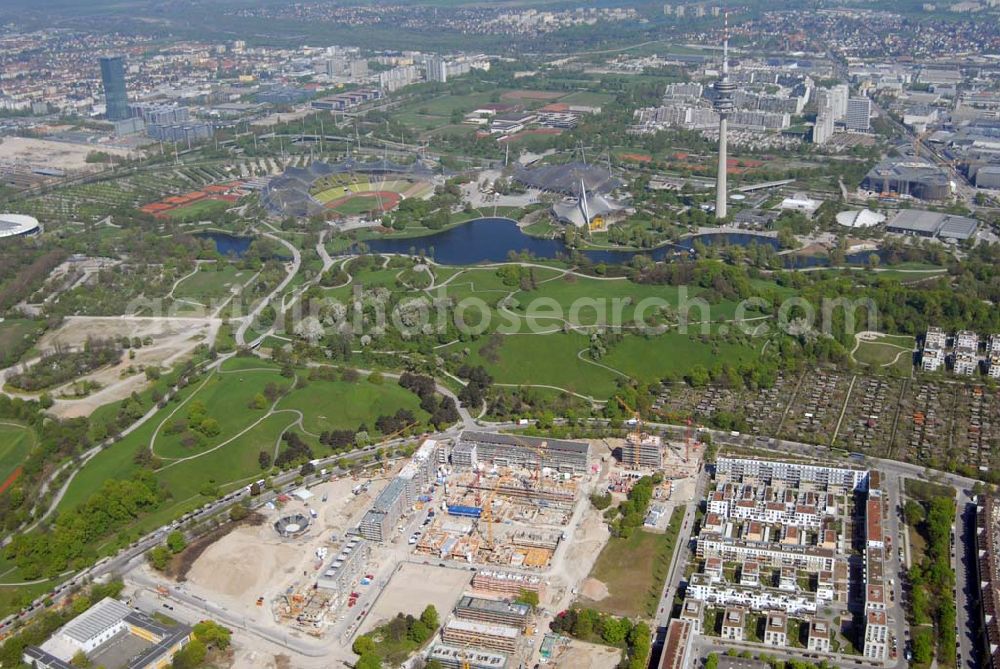 Aerial photograph München - 04.05.2006 München (Bayern) Blick auf das Baugelände des Wohngebietes Ackermannstraße (Ackermannbogen)am Olympiapark in München von der CONCEPTBAU MÜNCHEN.