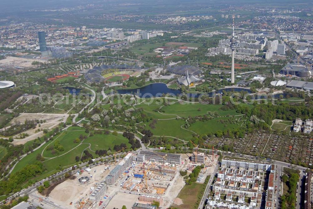 München from above - 04.05.2006 München (Bayern) Blick auf das Baugelände des Wohngebietes Ackermannstraße (Ackermannbogen)am Olympiapark in München von der CONCEPTBAU MÜNCHEN.