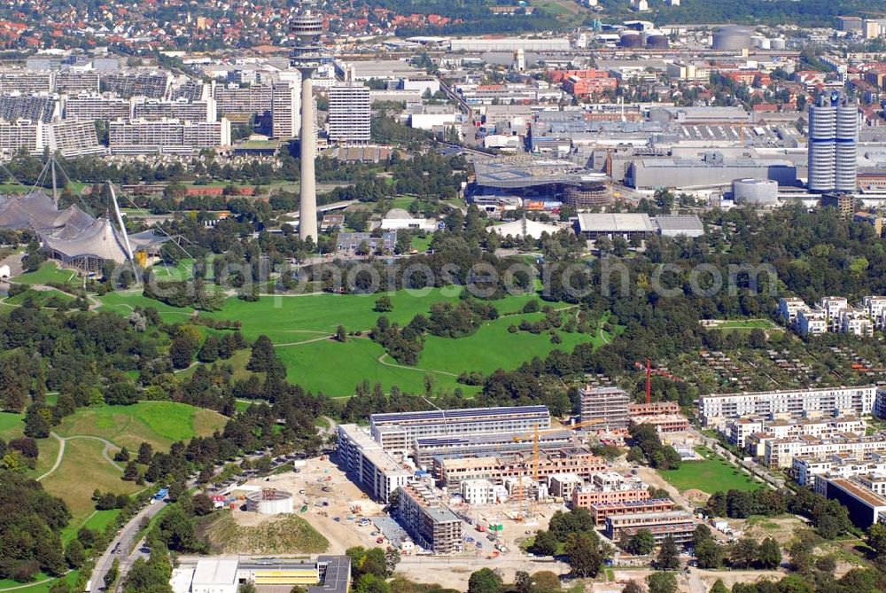 München from above - 01.09.2006 München (Bayern) Blick auf das Baugelände des Wohngebietes Ackermannstraße (Ackermannbogen)am Olympiapark in München von der CONCEPTBAU MÜNCHEN.