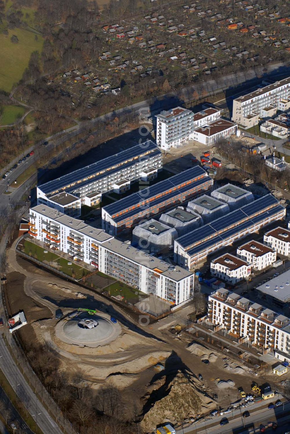 Aerial photograph München - 15.01.2007 München (Bayern) Blick auf das Baugelände des Wohngebietes Ackermannstraße (Ackermannbogen)am Olympiapark in München von der CONCEPTBAU MÜNCHEN.