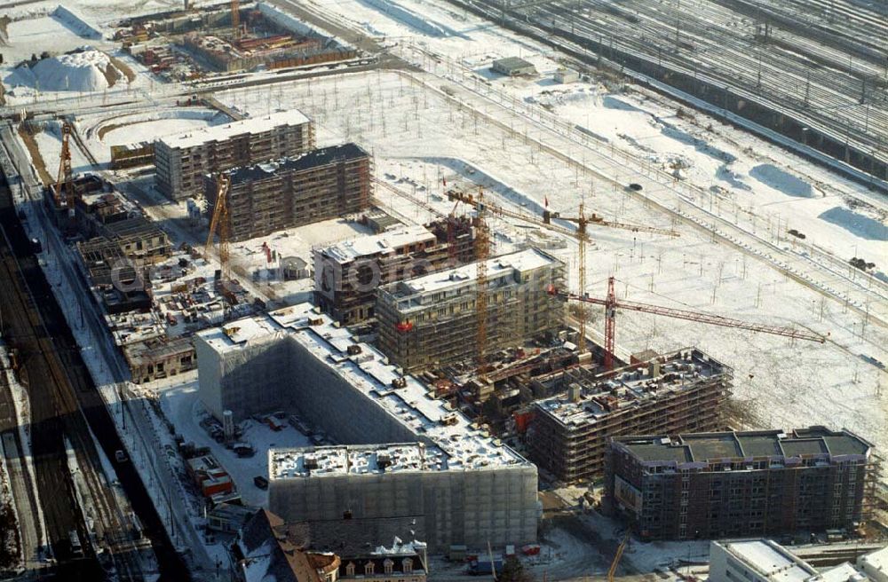 Aerial image München / Bayern - 15.01.2006 München (Bayern) Blick auf das Baugelände des Wohngebietes Arnulfpark in München von der CONCEPTBAU MÜNCHEN. Im Gelände des ehemaligen Heizkraftwerkes werden nach derzeitiger Planung später Flächen für eine vielfältige kulturelle Nutzung zur Verfügung stehen.Beratungspavillon vor Ort: Arnulfstraße / Helmstraße, 80636 München,Tel 01801 166 177, Fax 089 1400 1403