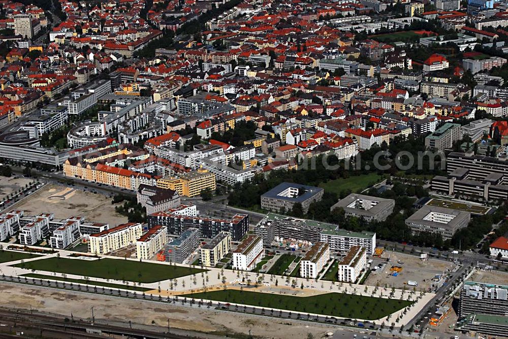 Aerial photograph München - 01.06.2006 München (Bayern) Blick auf das Baugelände des Wohngebietes Arnulfpark in München von der CONCEPTBAU MÜNCHEN. Im Gelände des ehemaligen Heizkraftwerkes werden nach derzeitiger Planung später Flächen für eine vielfältige kulturelle Nutzung zur Verfügung stehen.