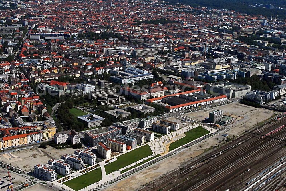 Aerial photograph München - 01.06.2006 München (Bayern) Blick auf das Baugelände des Wohngebietes Arnulfpark in München von der CONCEPTBAU MÜNCHEN. Im Gelände des ehemaligen Heizkraftwerkes werden nach derzeitiger Planung später Flächen für eine vielfältige kulturelle Nutzung zur Verfügung stehen.