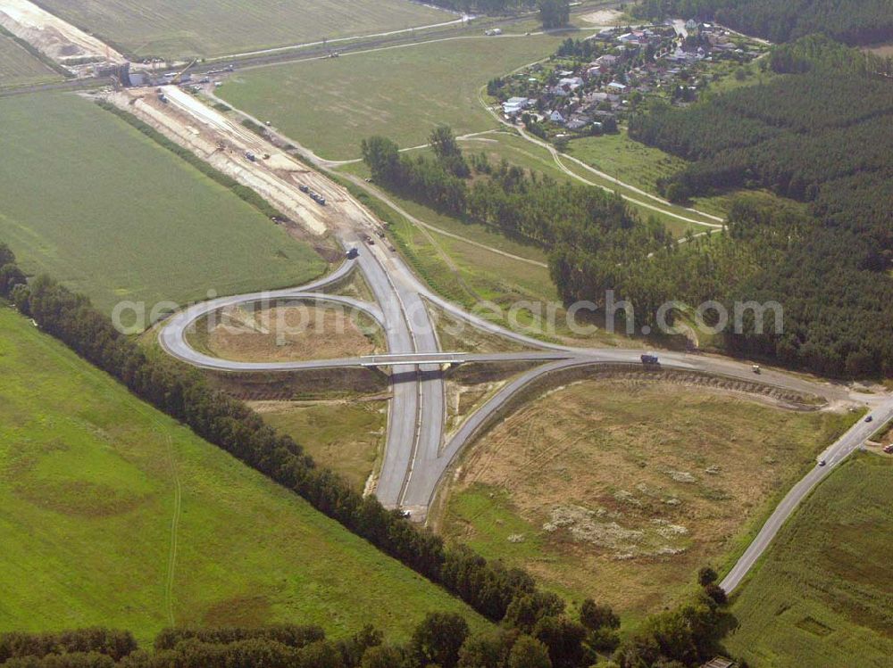 Aerial image Trebbin - Mit den Bauarbeiten an der Umfahrung sollte im April 2004 begonnen werden. Der Termin für die Fertigstellung dieses Abschnitts ist auf Mitte 2006 verschoben. Markt 1 - 3, 14959 Trebbin, Telefon: +49 33731 / 8420, Telefax: +49 33731 / 230911, Achim Walder: