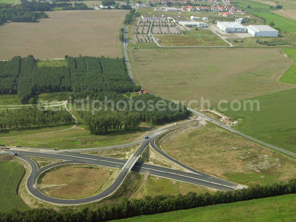 Aerial photograph Trebbin - Mit den Bauarbeiten an der Umfahrung sollte im April 2004 begonnen werden. Der Termin für die Fertigstellung dieses Abschnitts ist auf Mitte 2006 verschoben. Markt 1 - 3, 14959 Trebbin, Telefon: +49 33731 / 8420, Telefax: +49 33731 / 230911, Achim Walder: