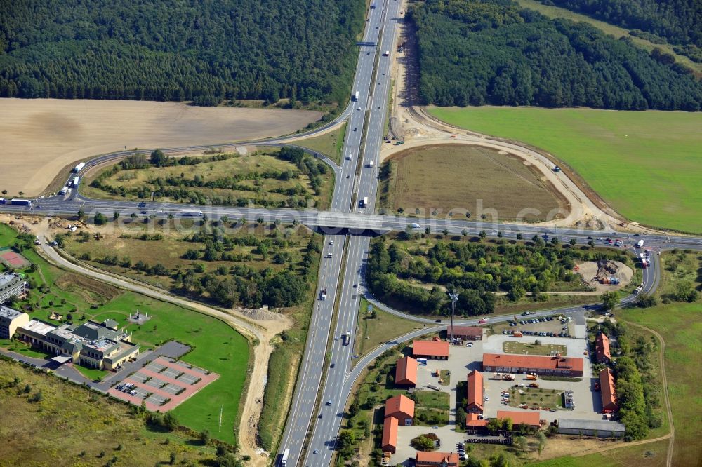 Rangsdorf from the bird's eye view: Bauarbeiten an der Autobahnanschlussstelle Rangsdorf der Autobahn A 10 im Bundesland Brandenburg. Ein Projekt dsr Landesbetrieb Straßenwesen.// Construction site at the motorway junction Rangsdorf of the freeway in the state Brandenburg.