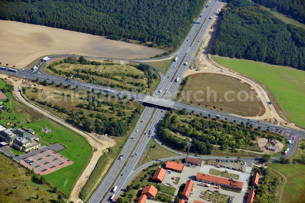 Aerial image Rangsdorf - Bauarbeiten an der Autobahnanschlussstelle Rangsdorf der Autobahn A 10 im Bundesland Brandenburg. Ein Projekt dsr Landesbetrieb Straßenwesen.// Construction site at the motorway junction Rangsdorf of the freeway in the state Brandenburg.